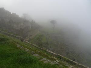 the Machu Picchu site, in the fog...